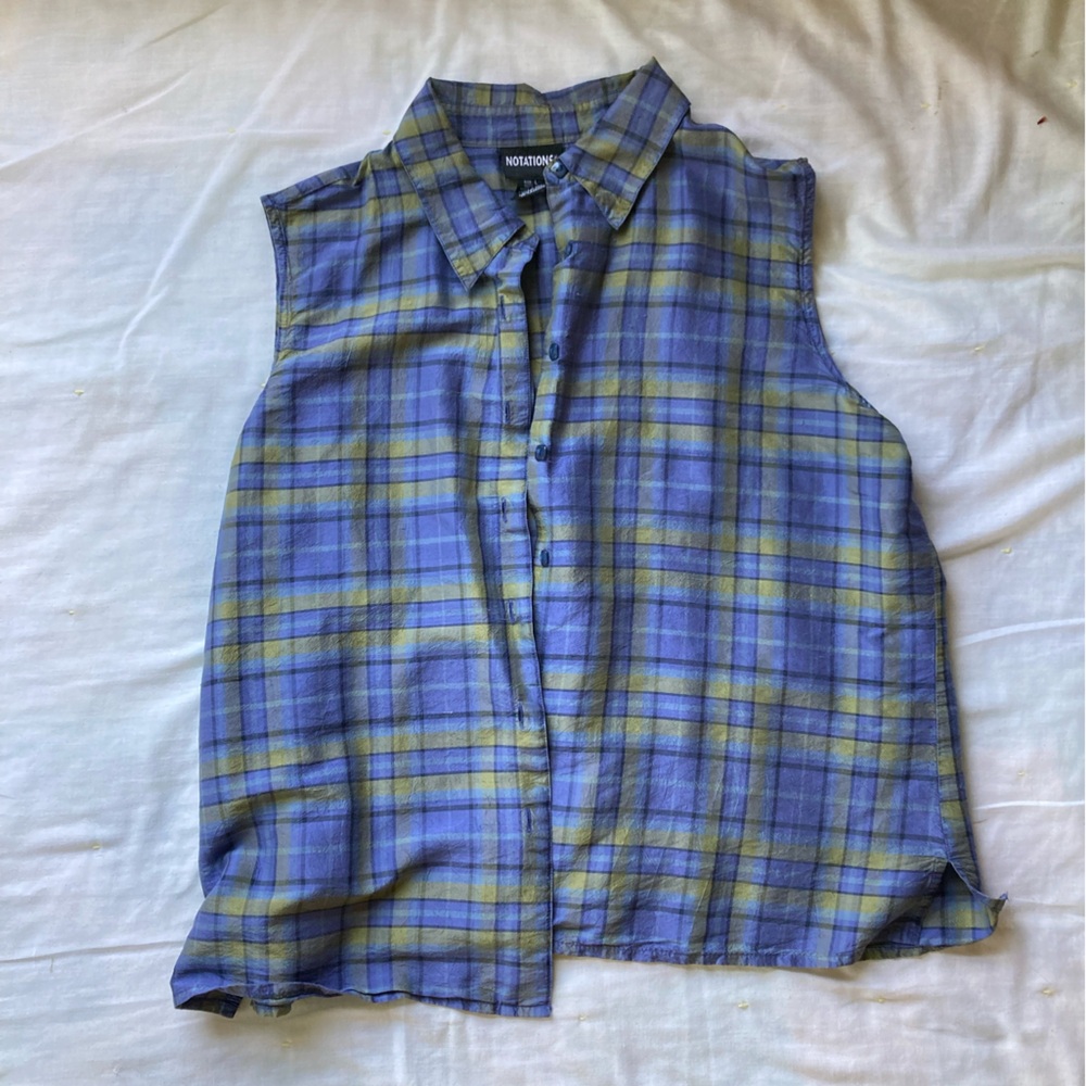 Vintage Silk Blue and Green Plaid Top - S/M/L